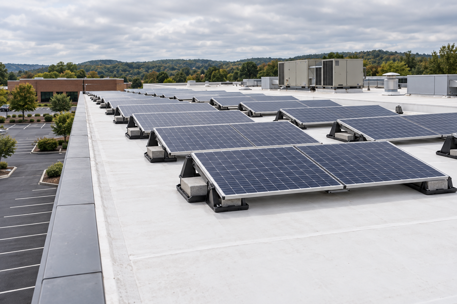 Rows of ballasted solar panels on a flat commercial roof above a parking lot, the kind of array solar companies build for businesses
