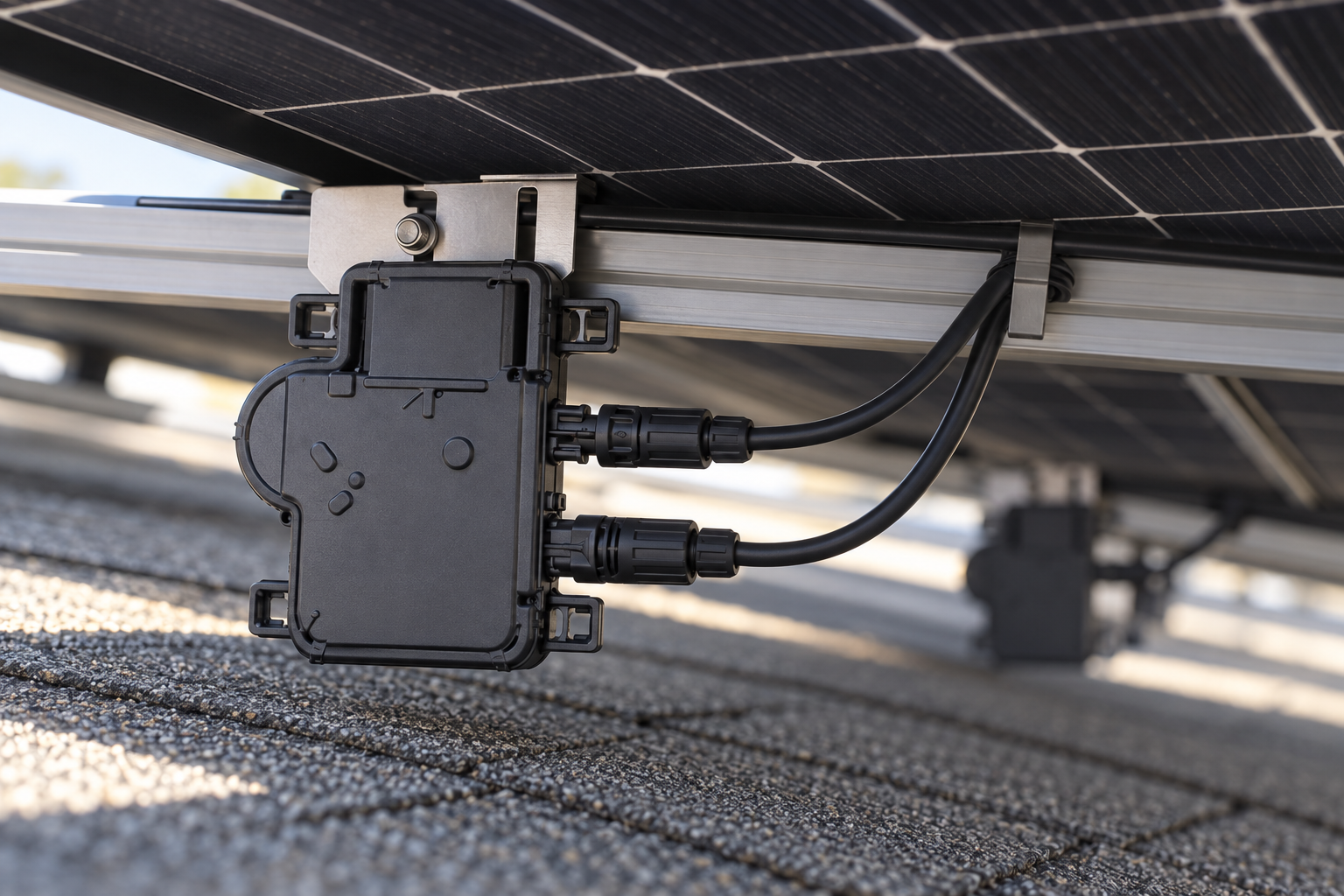 microinverter and racking under a solar panel