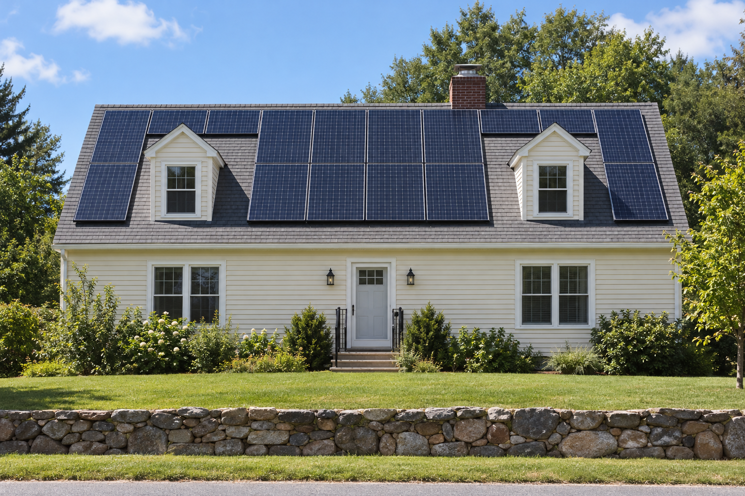 Cape-style house with a solar array fitted around a roof dormer
