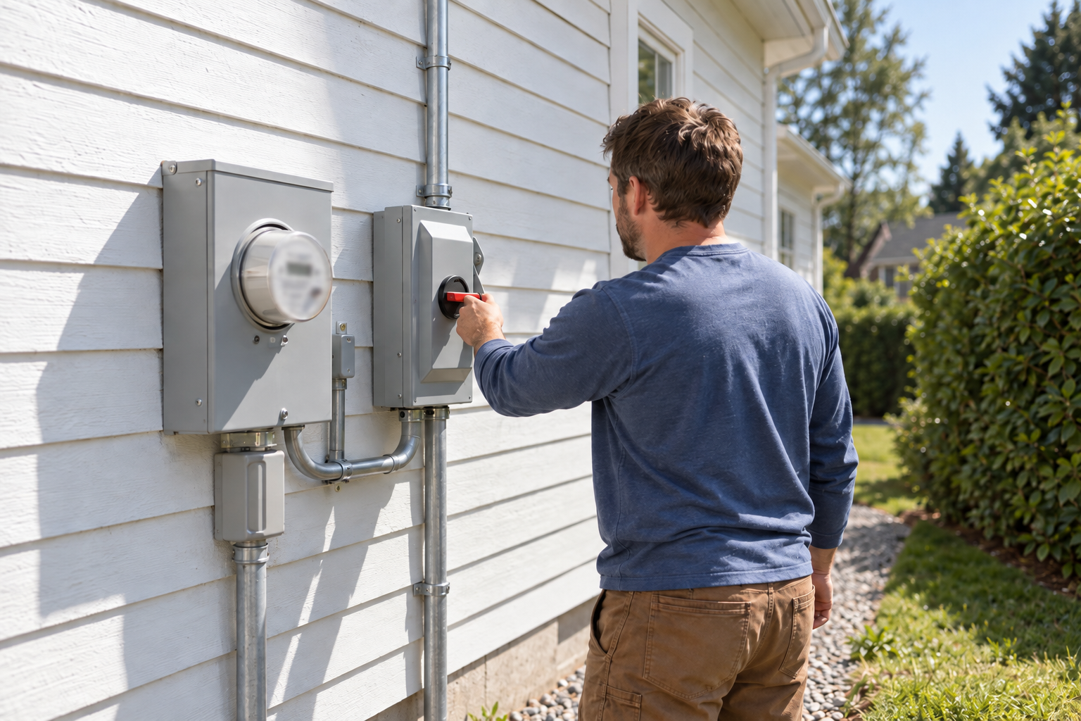 Installer at the utility meter and solar disconnect on the side of a house