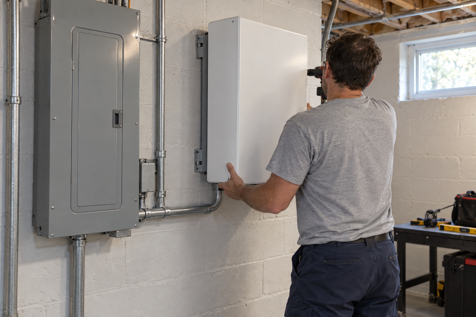 Installer mounting a wall battery enclosure beside an electrical panel in a basement