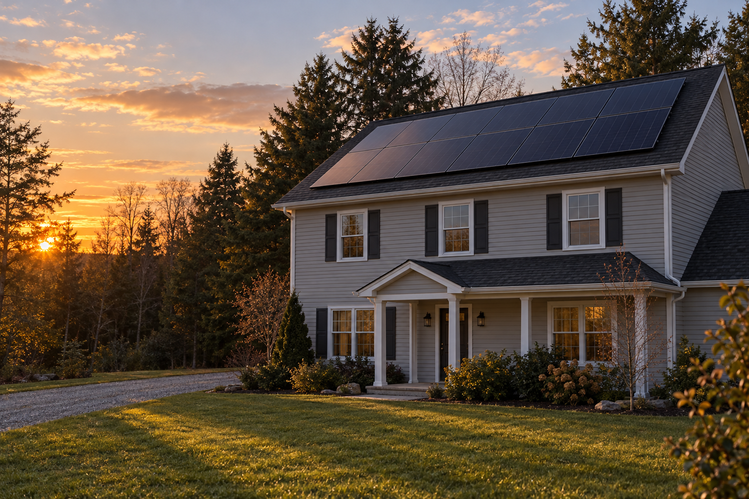 Two-story house with a full rooftop solar array in evening light