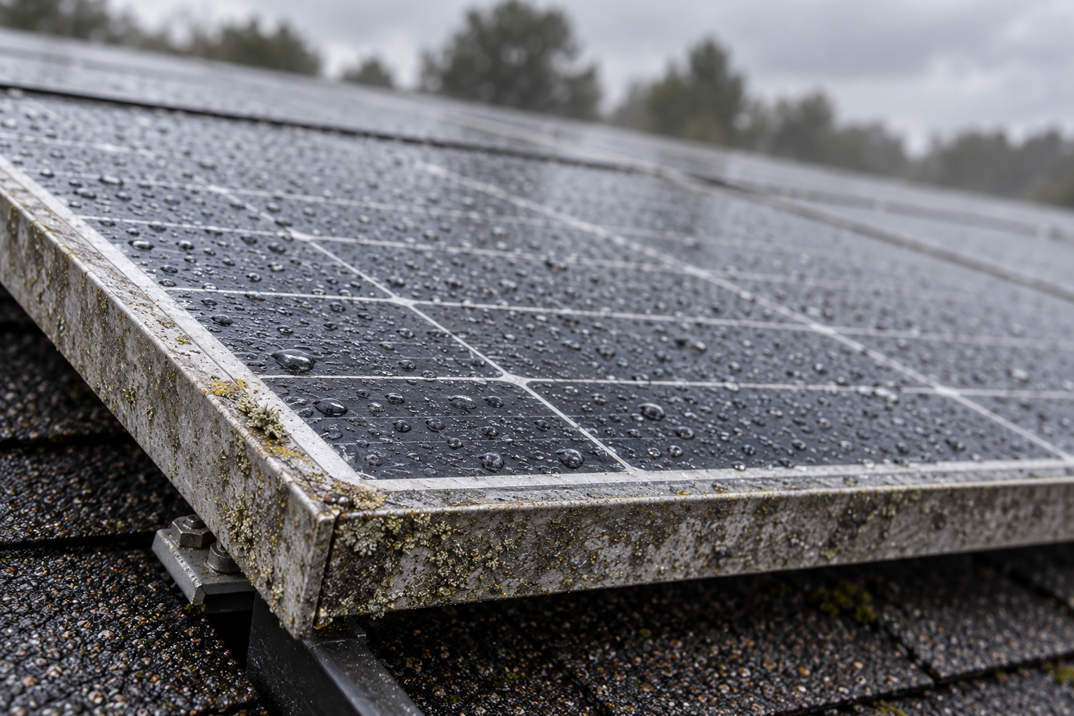 Weathered corner of an older solar panel with rain beading on the glass