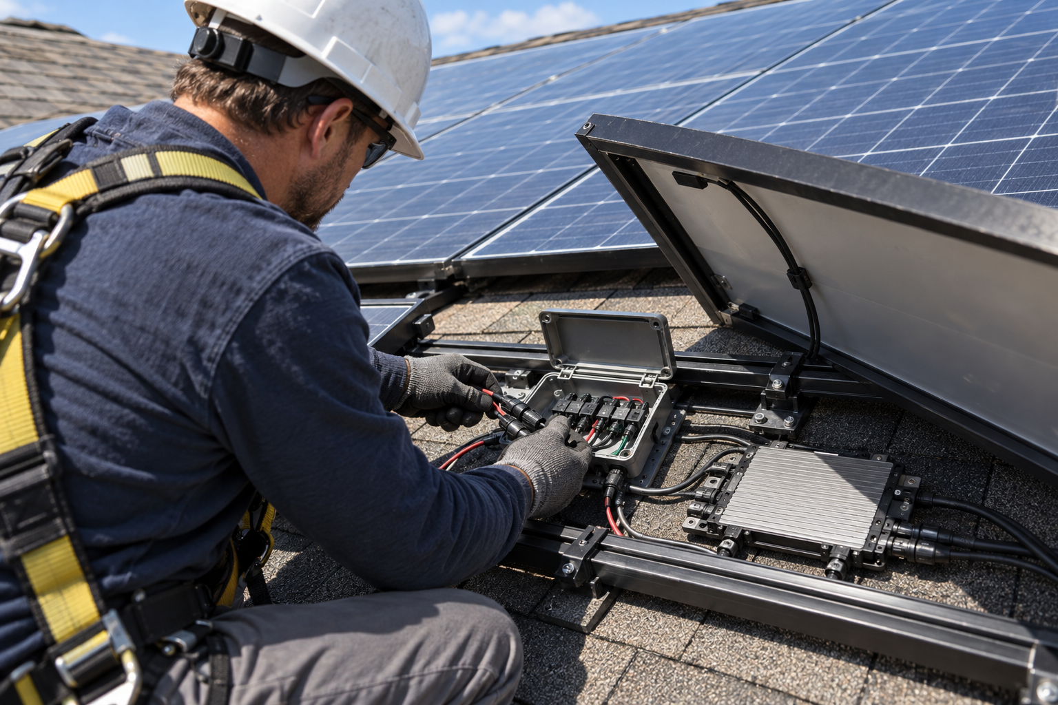 Technician on a roof with a solar junction box open and a panel lifted