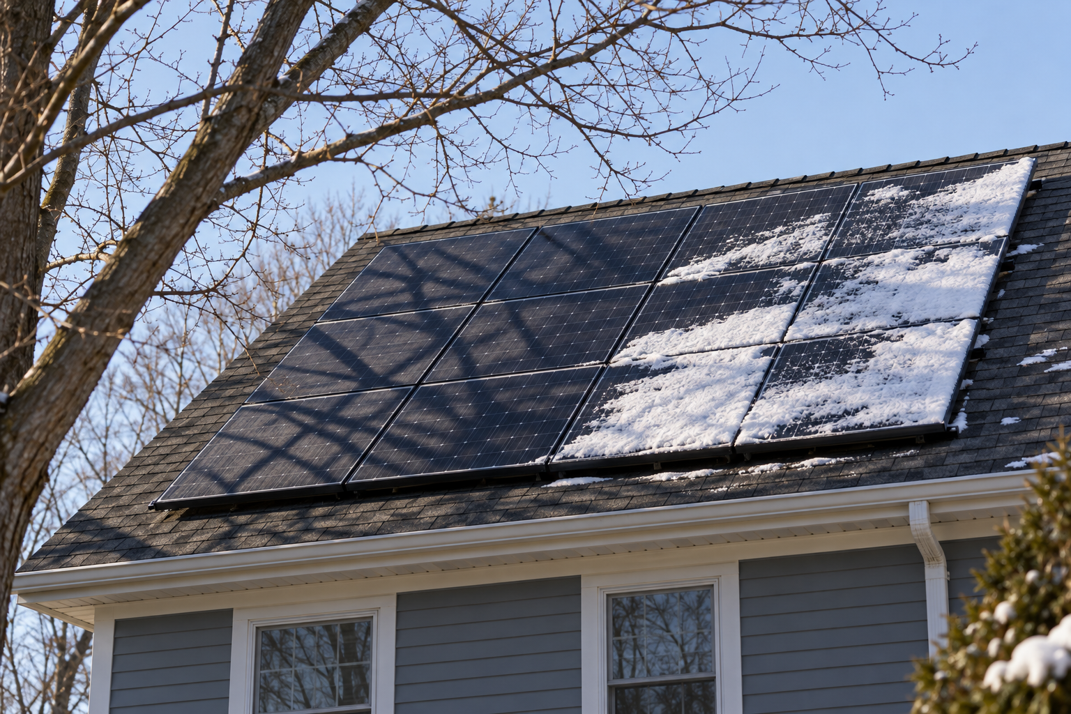 Rooftop solar panels dusted with snow and shaded by bare maple branches