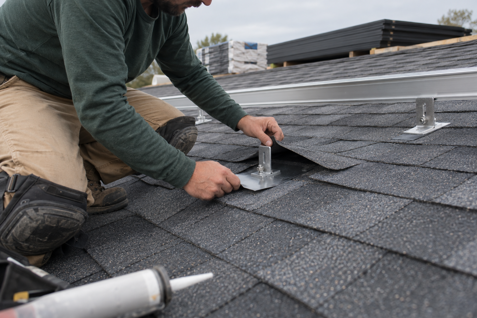Roofer fitting flashing under shingles at a solar mount foot