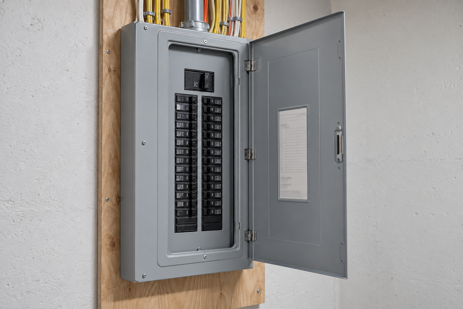 Smart electrical panel with its door open and rows of breakers, the load control fitted with a home battery