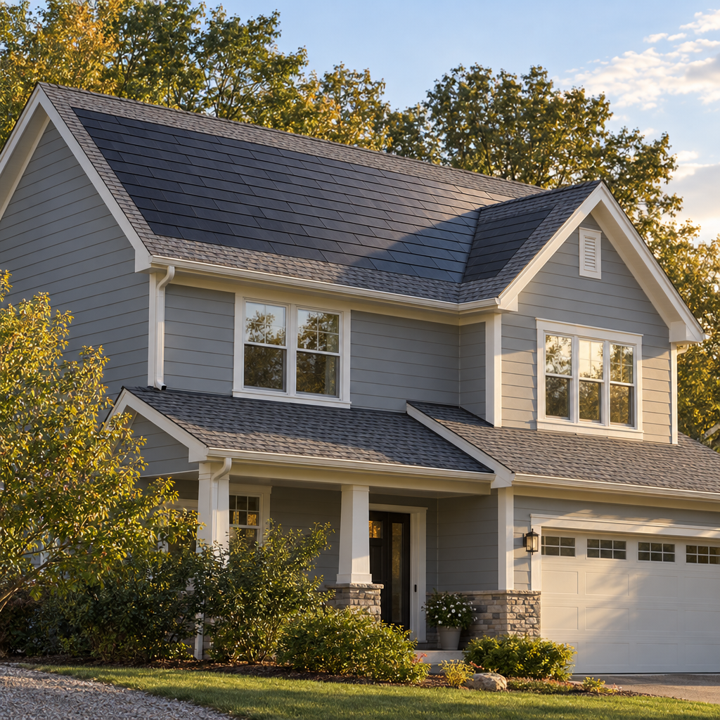 Solar shingles laid flush in a pitched house roof, the roof-integrated alternative to a rack-mount solar panel system