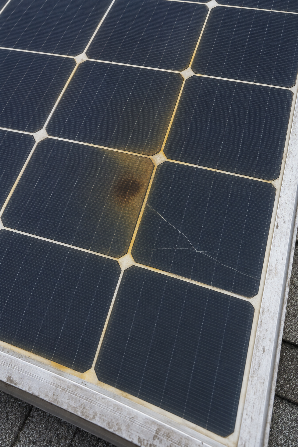 Close view of an older solar panel with a browned cell and yellowed edges under the glass
