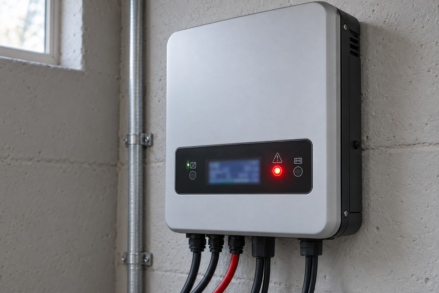 Solar inverter on a basement wall with its status light glowing red