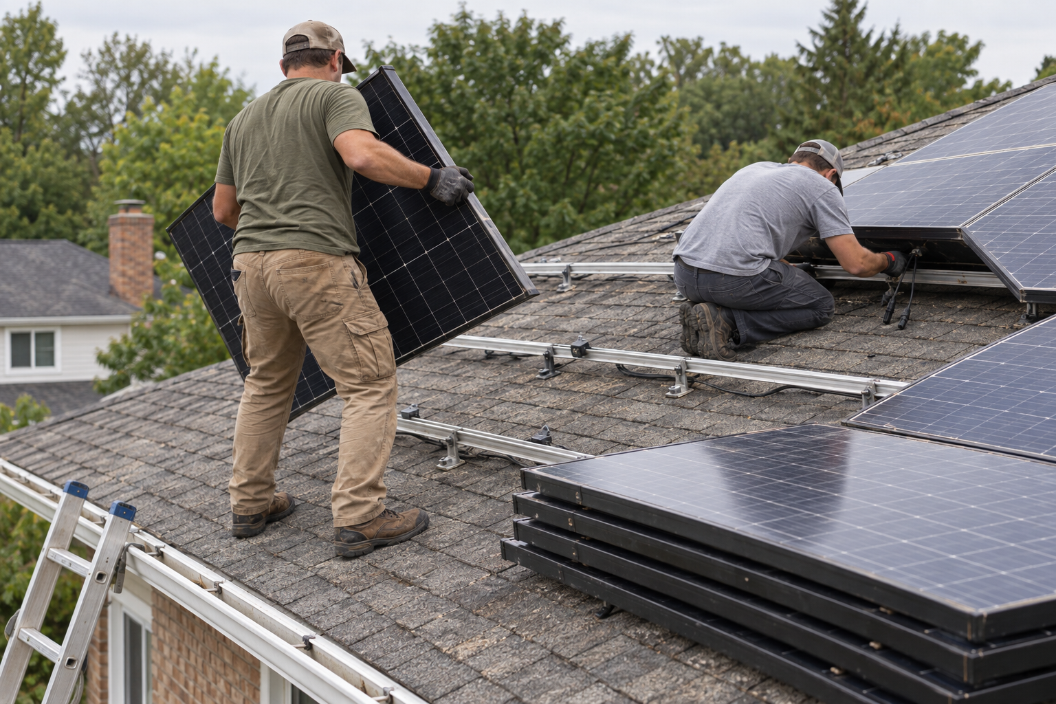 Solar panels lifted off their rails and stacked on a shingle roof before a reroof