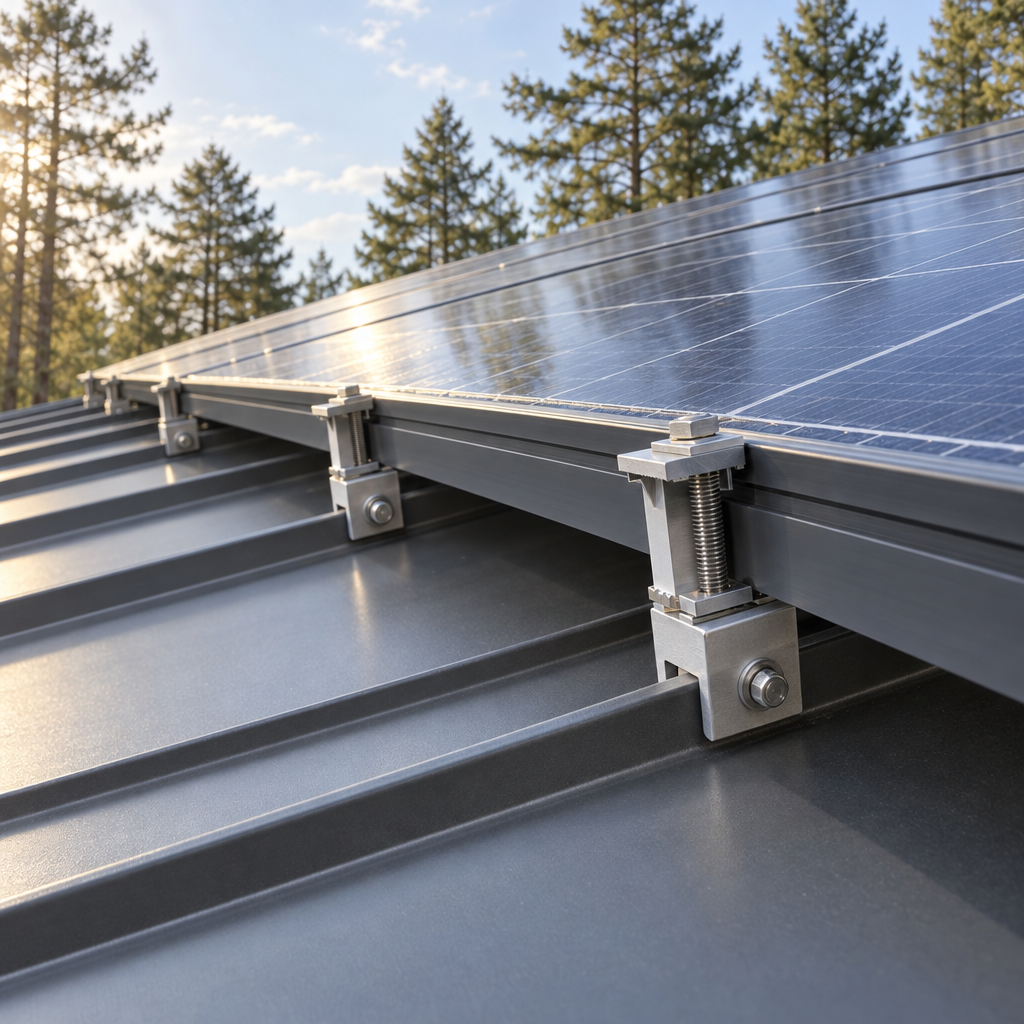 Solar panels clamped to the seams of a standing seam metal roof with no drilled holes