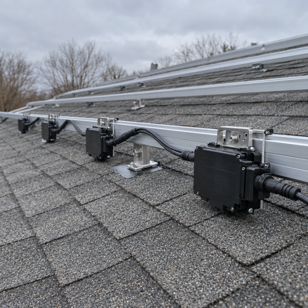 Row of solar microinverters clipped under the roof rails before the panels go on